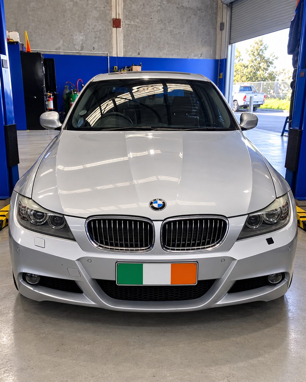 Silver BMW 3 Series sedan front view