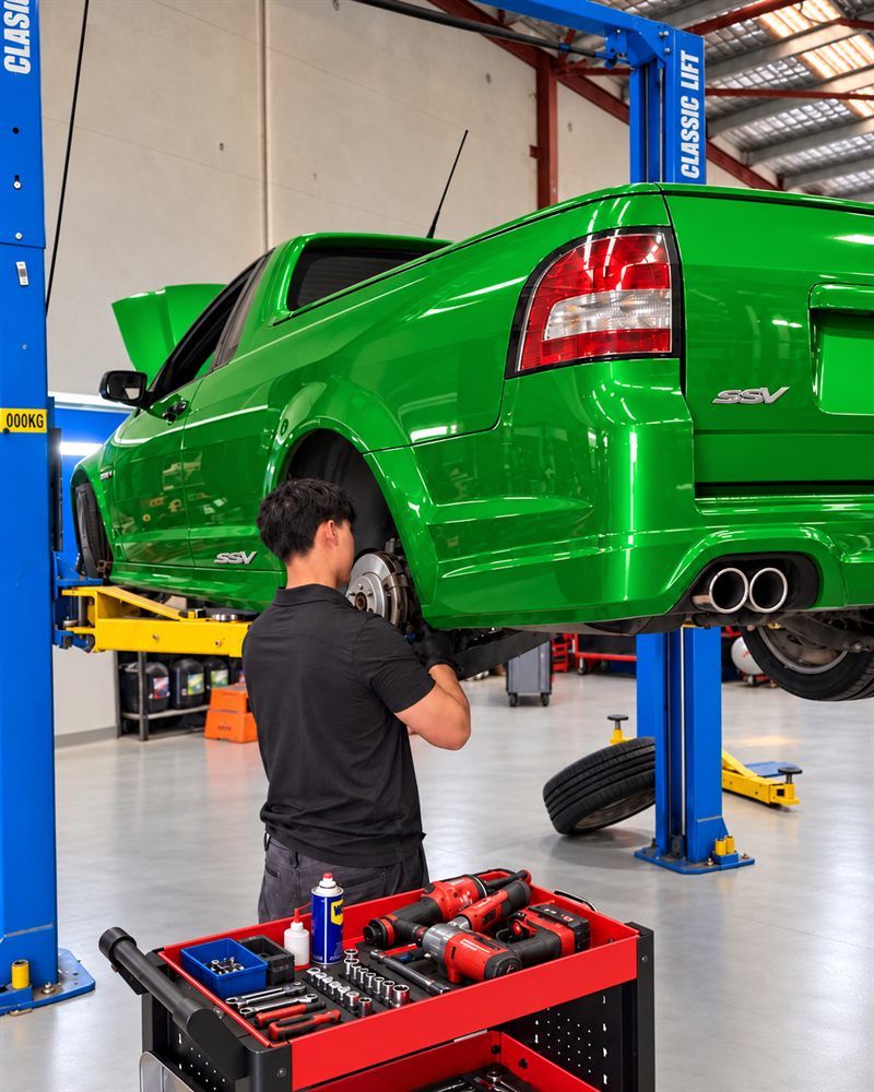Green Holden VE SS ute on the hoist with a mechanic working on the wheel