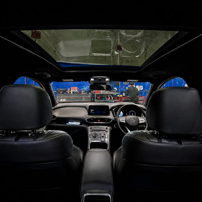 Hyundai Santa Fe interior seen from the back seat under the sunroof