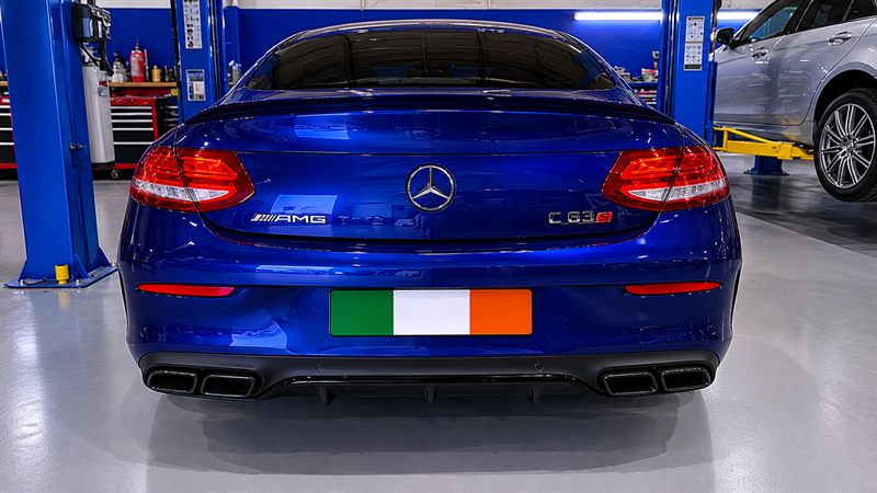 Rear view of a blue Mercedes-AMG C63 S coupe
