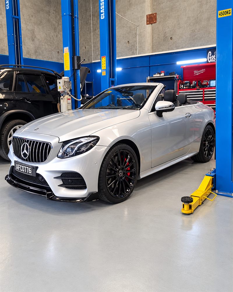 Silver Mercedes-Benz E-Class cabriolet front three-quarter view