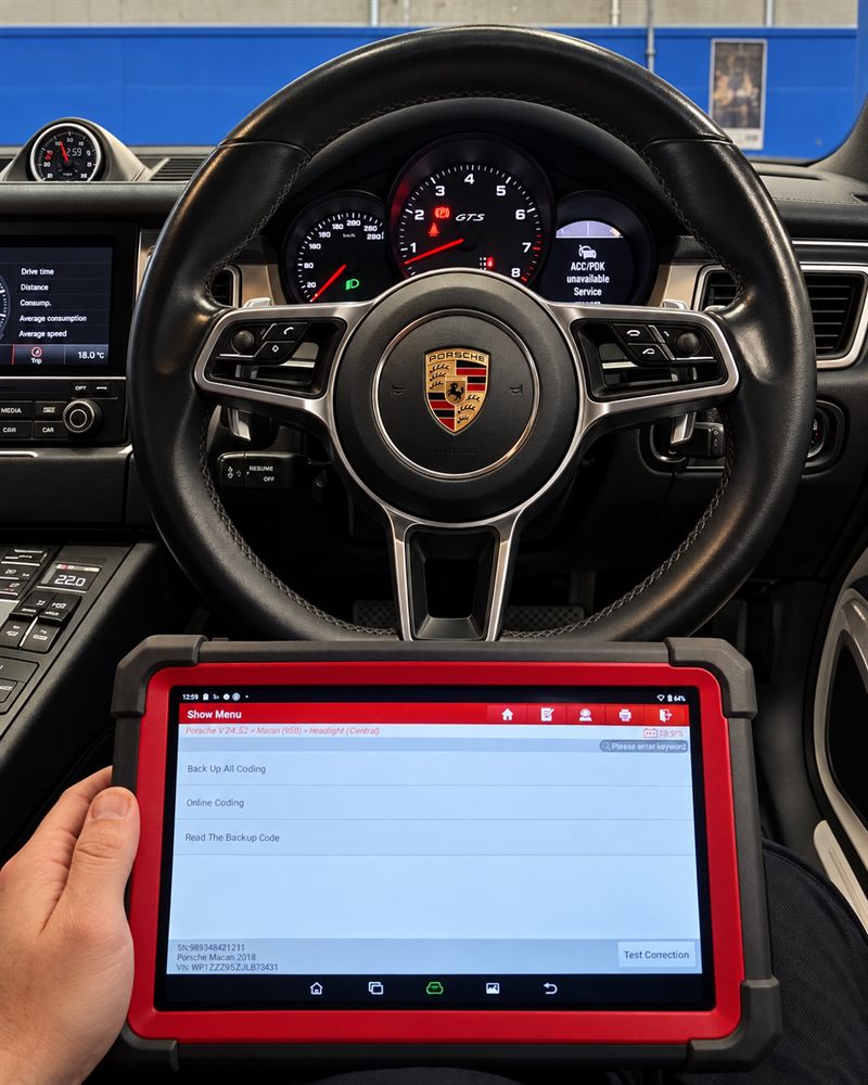 Diagnostic scan tool plugged into a Porsche Macan GTS