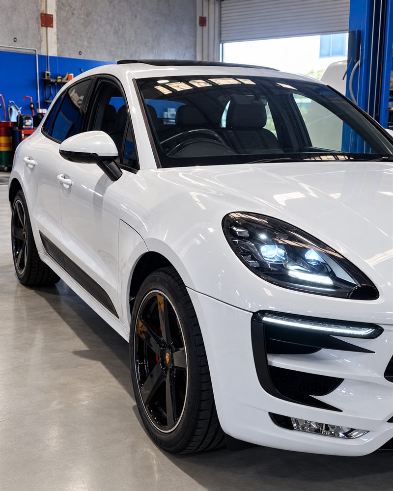 White Porsche Macan GTS front three-quarter view