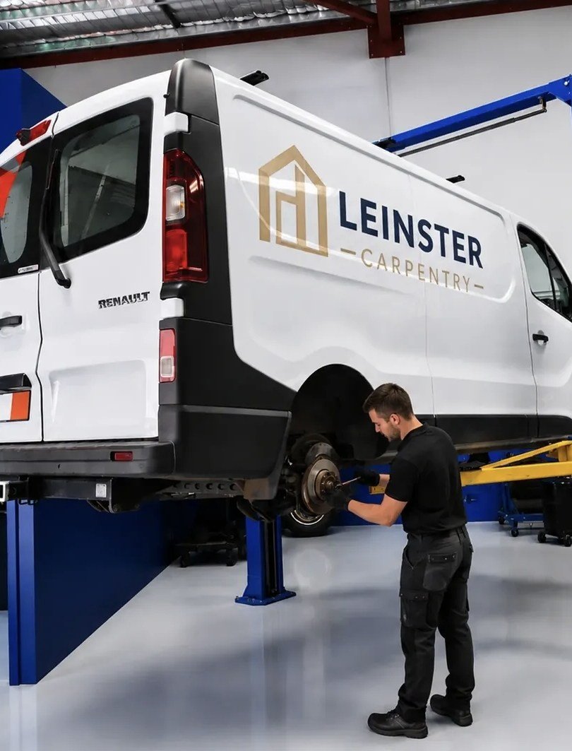 Signwritten Renault Trafic van on the hoist with a mechanic at the wheel