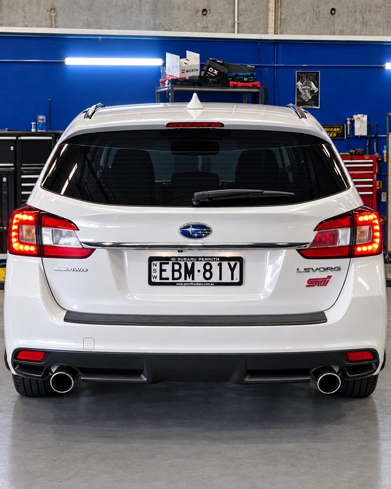 Rear view of a white Subaru Levorg STI Sport