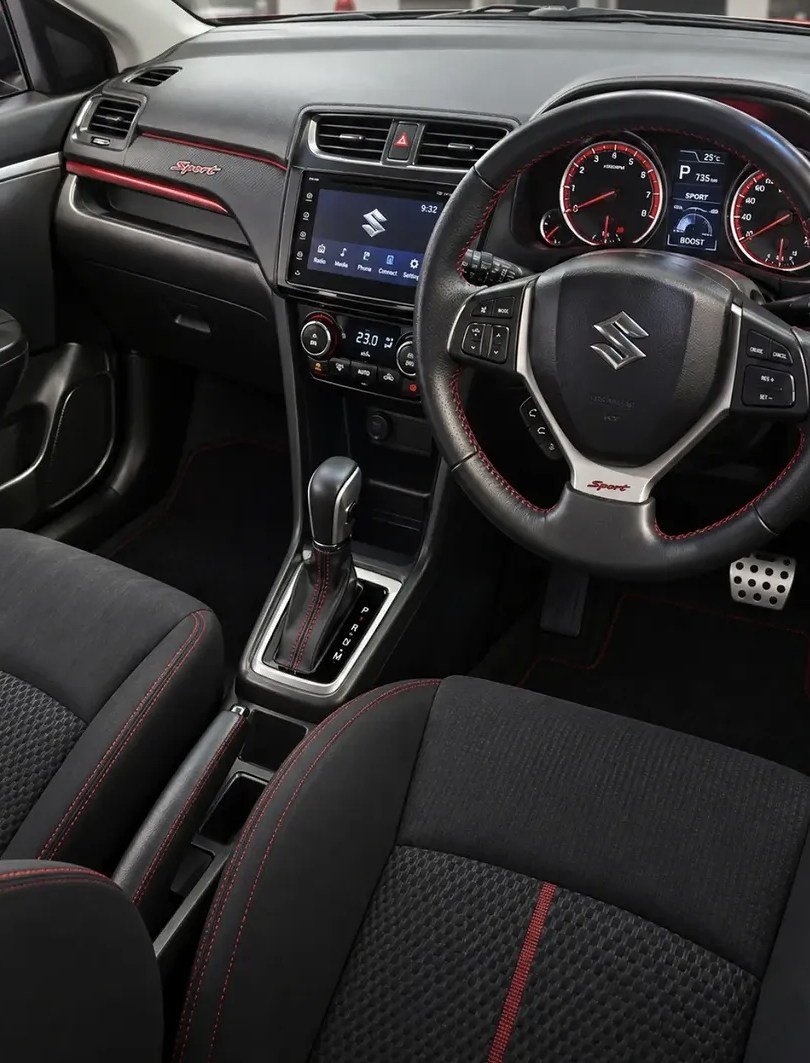 Suzuki Swift Sport interior with red-trimmed seats