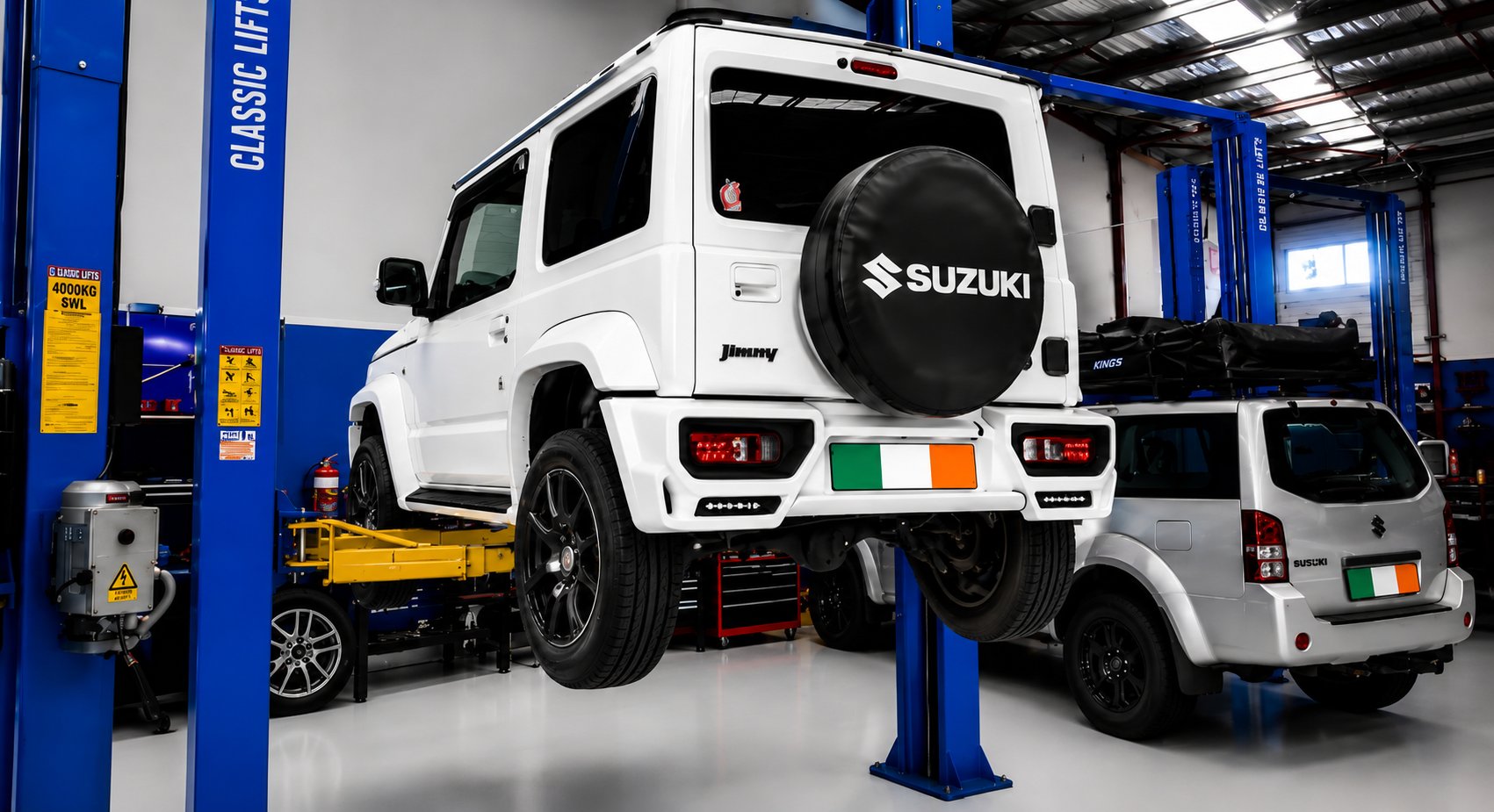 White Suzuki Jimny on the hoist beside another 4WD