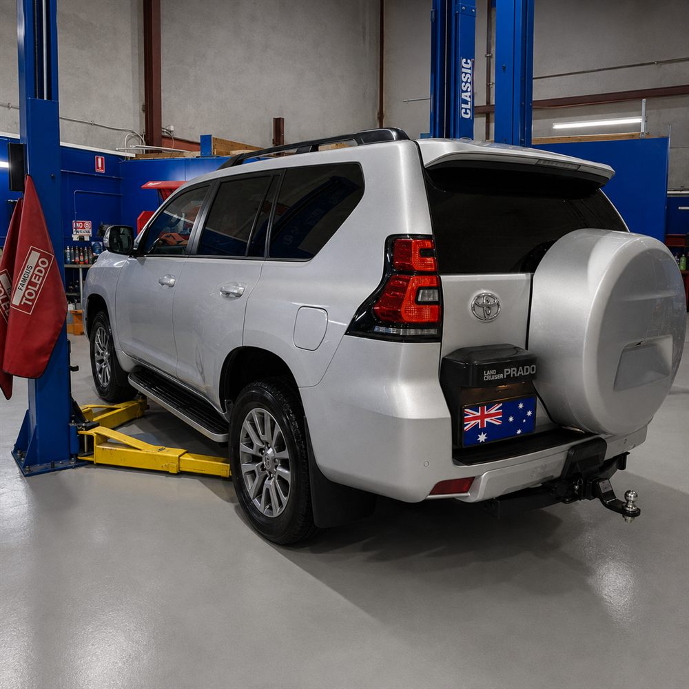 Silver Toyota Prado rear three-quarter view
