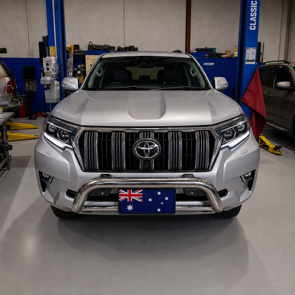 Silver Toyota Prado front view with nudge bar