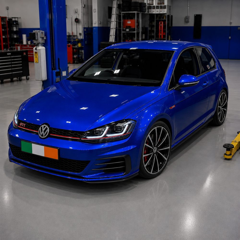 Blue Volkswagen Golf GTI front three-quarter view