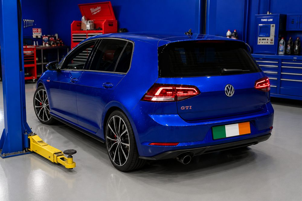 Rear three-quarter view of a blue Volkswagen Golf GTI