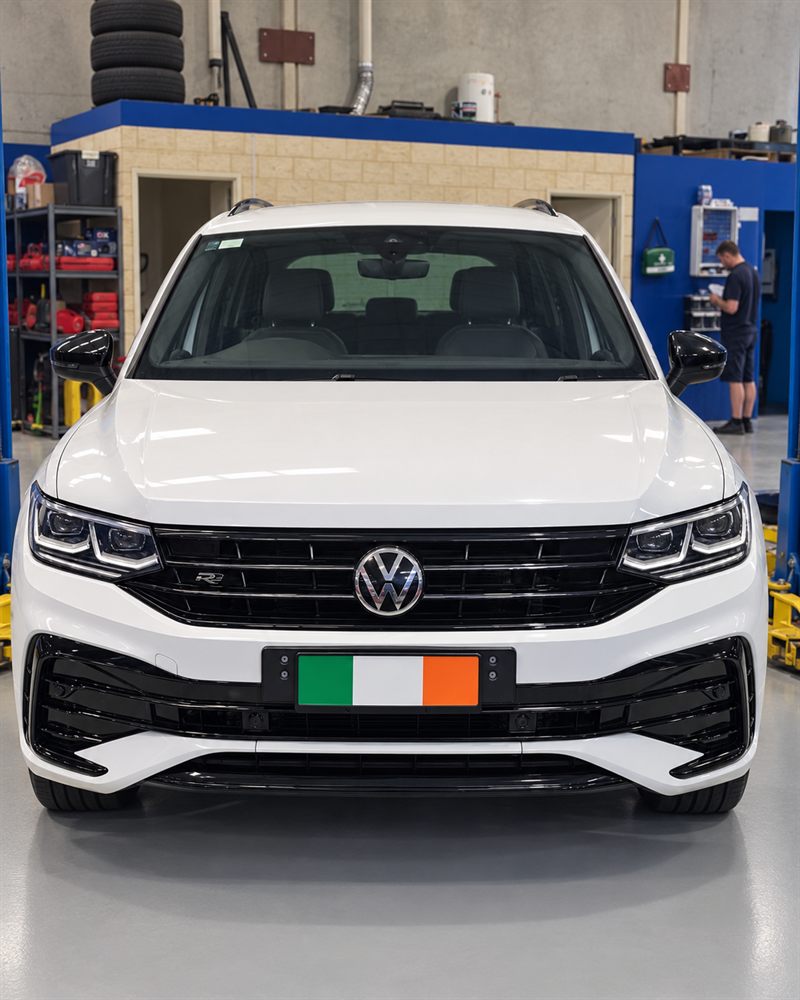 White Volkswagen Tiguan R-Line front view in the workshop