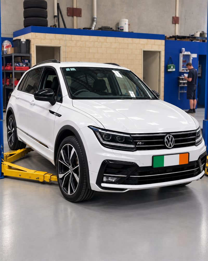 White Volkswagen Tiguan R-Line in the workshop