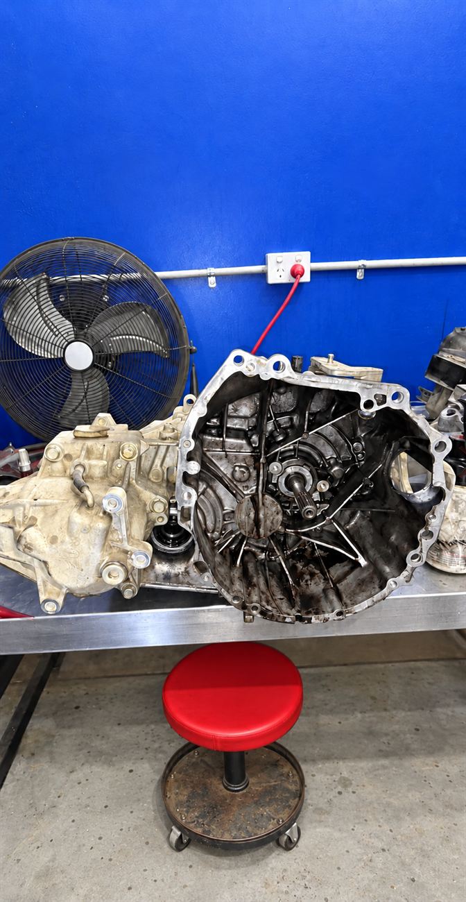Gearbox removed and sitting on the workshop bench