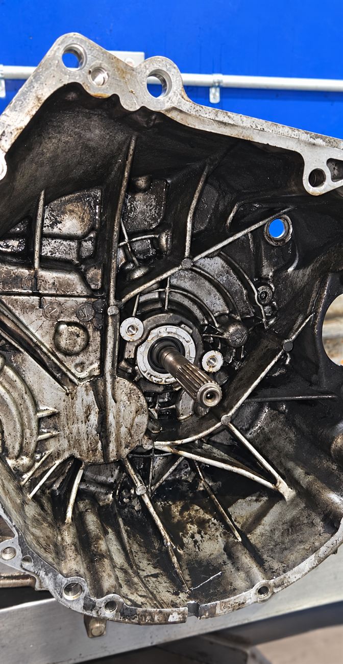Inside a gearbox bellhousing on the bench