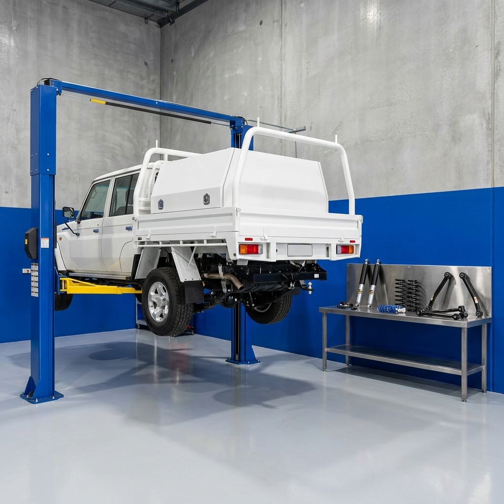 LandCruiser 70 ute on the hoist with new shocks, springs and control arms on the work table