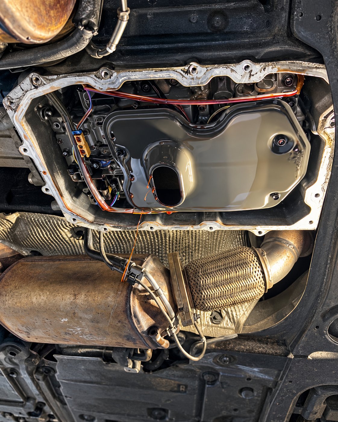 Automatic transmission with the pan removed showing the valve body