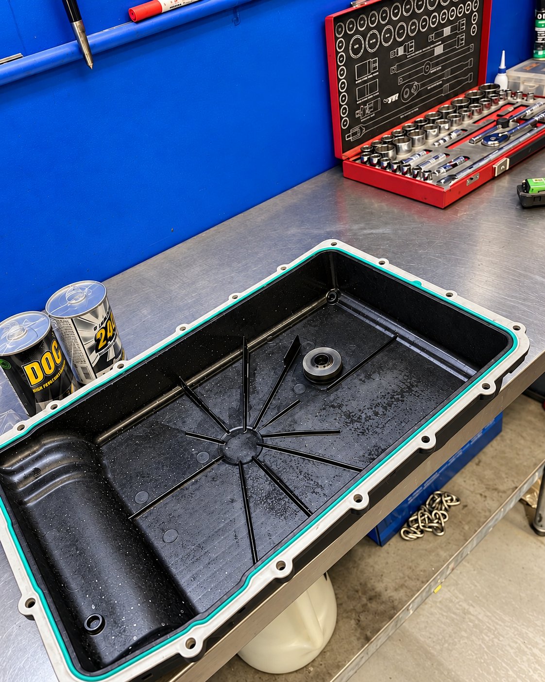 Cleaned transmission pan with a new gasket on the bench
