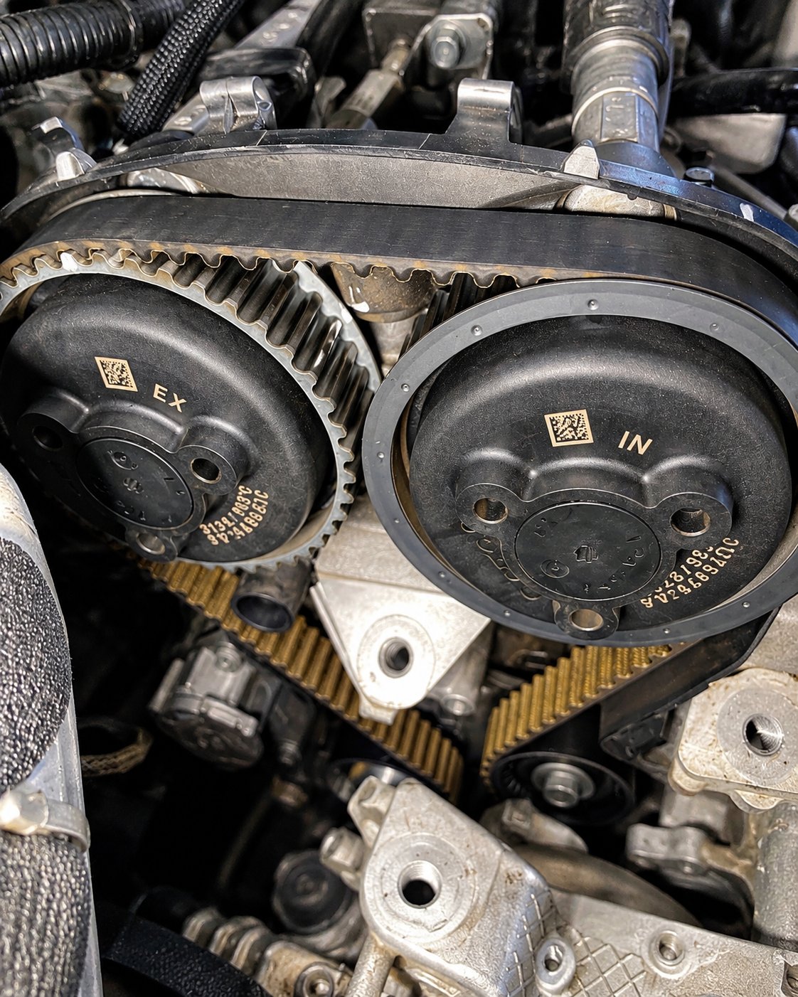 Camshaft gears and timing belt exposed on an engine