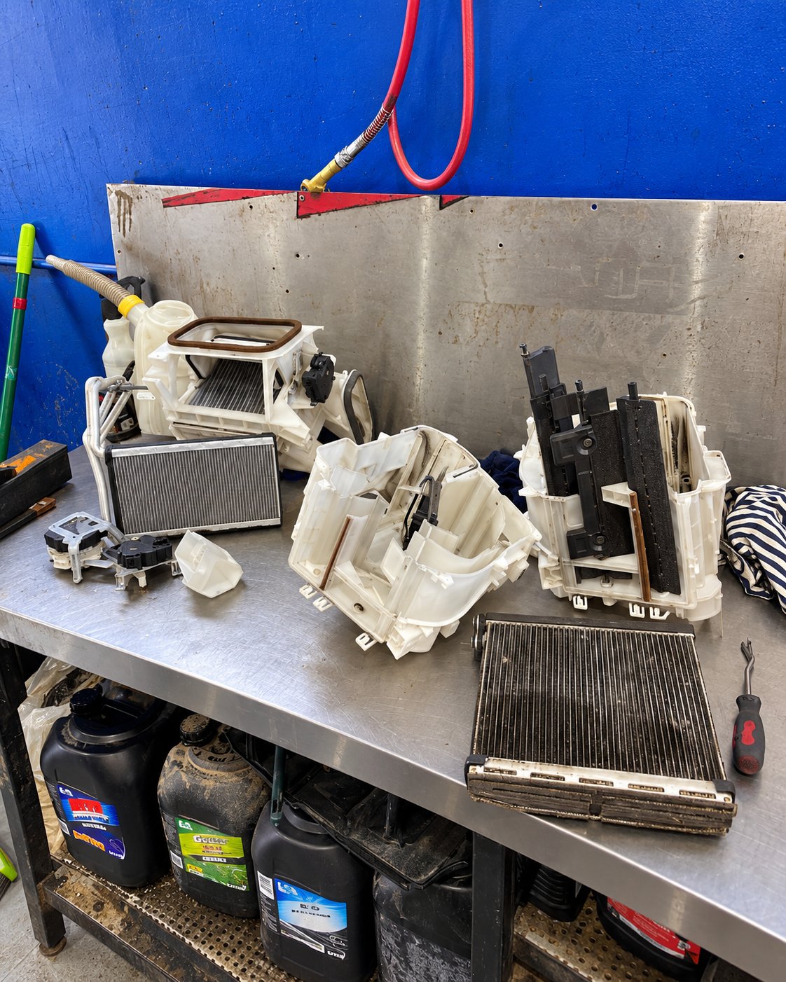 Heater box, evaporator and blower parts laid out on the bench