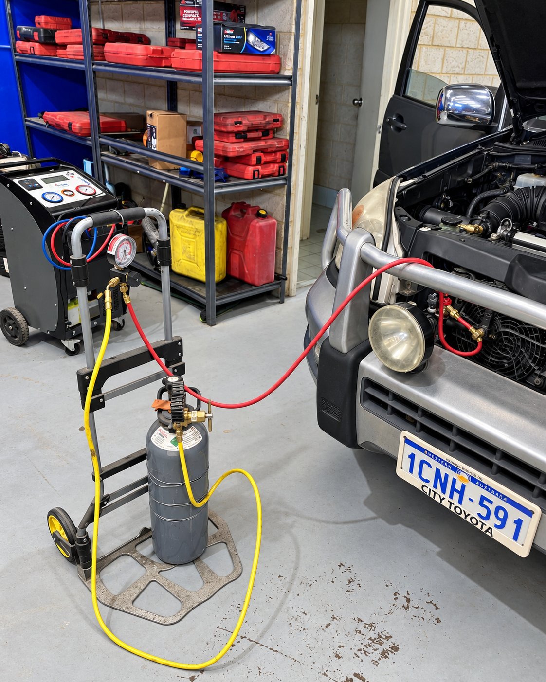 Air-conditioning service machine hoses connected to a Toyota under the bonnet