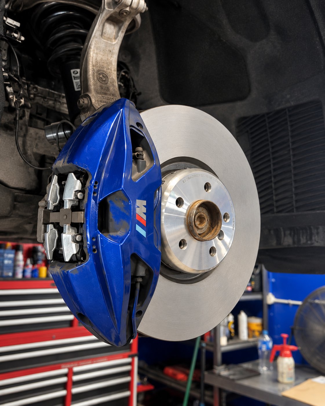 Caliper swung off a new brake disc with new pads fitted