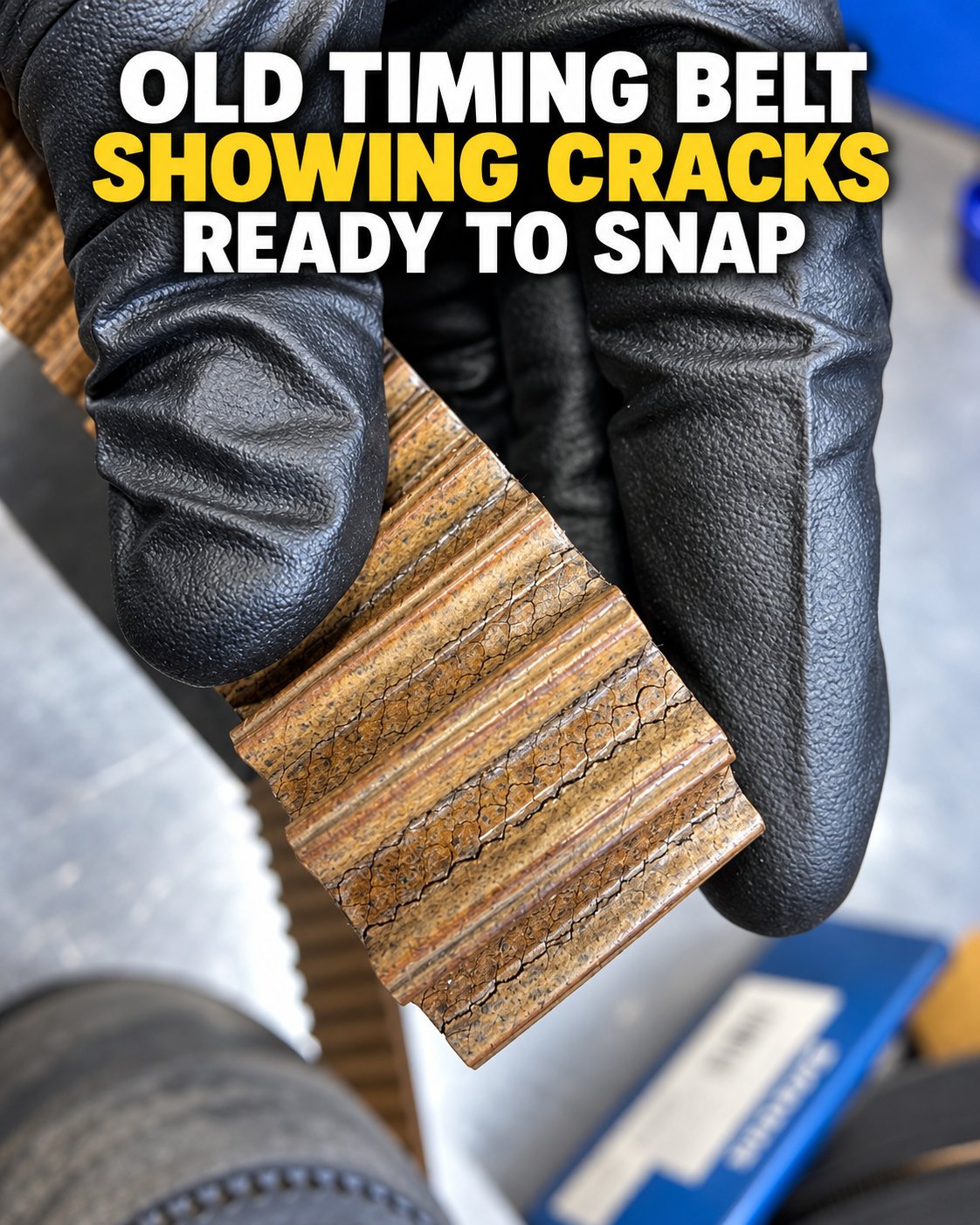 Old timing belt with deep cracks across its teeth