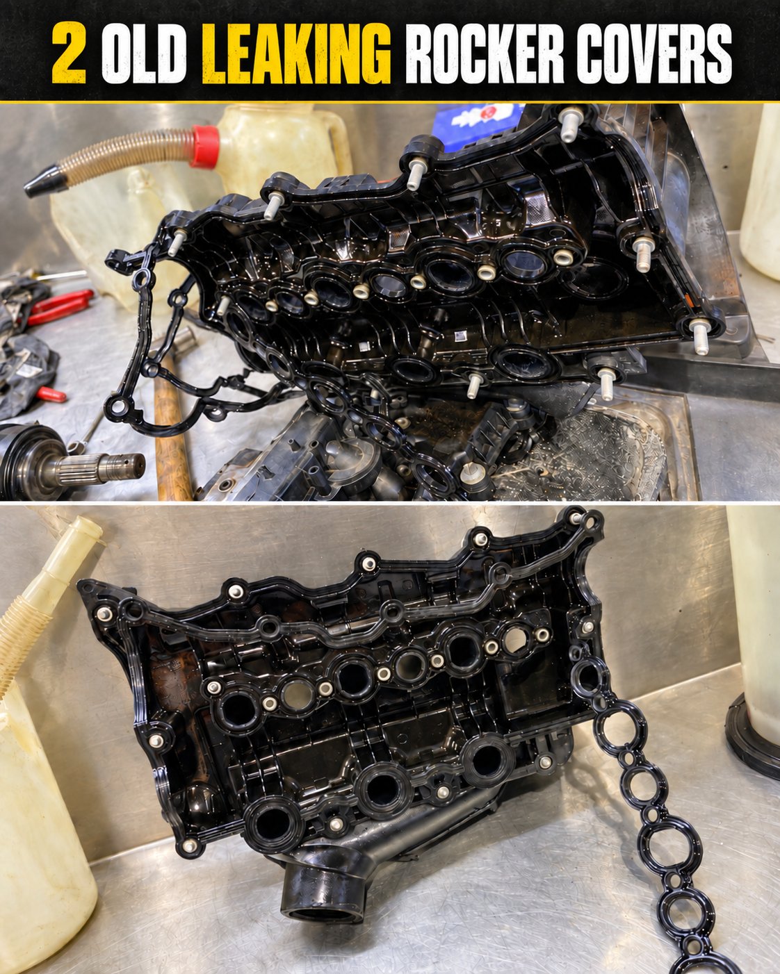 Old leaking rocker covers taken off a V6 engine