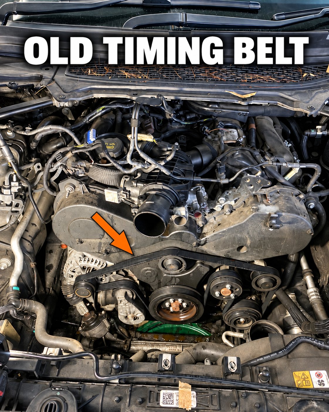 Old timing belt still fitted, marked with an arrow