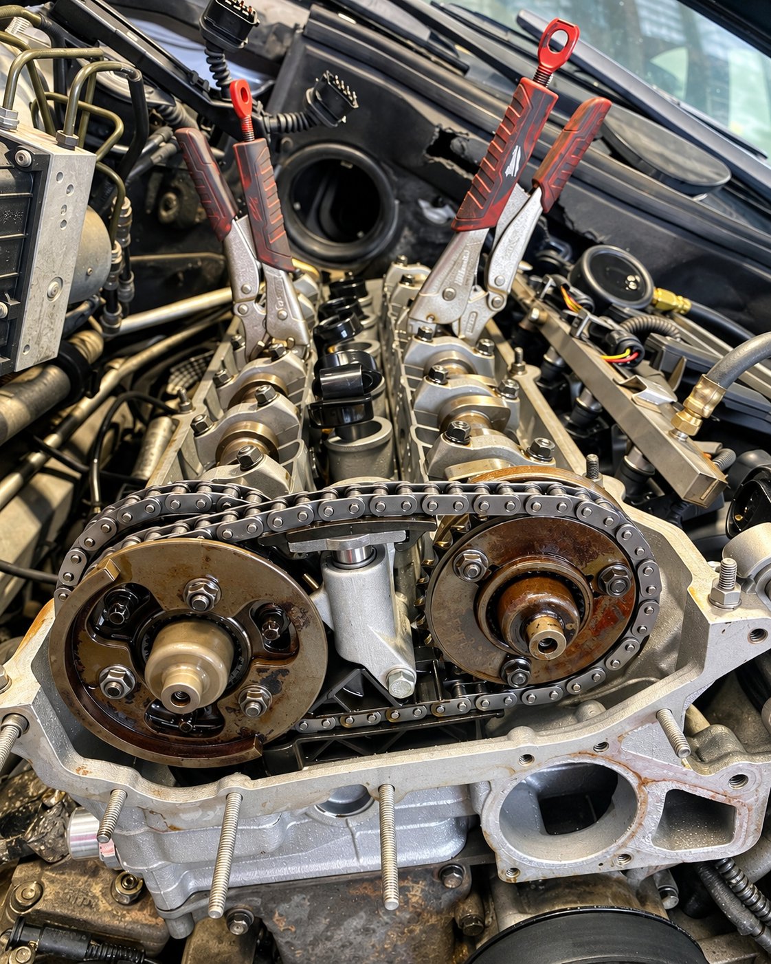 BMW timing chain and cam gears exposed with the valve cover off