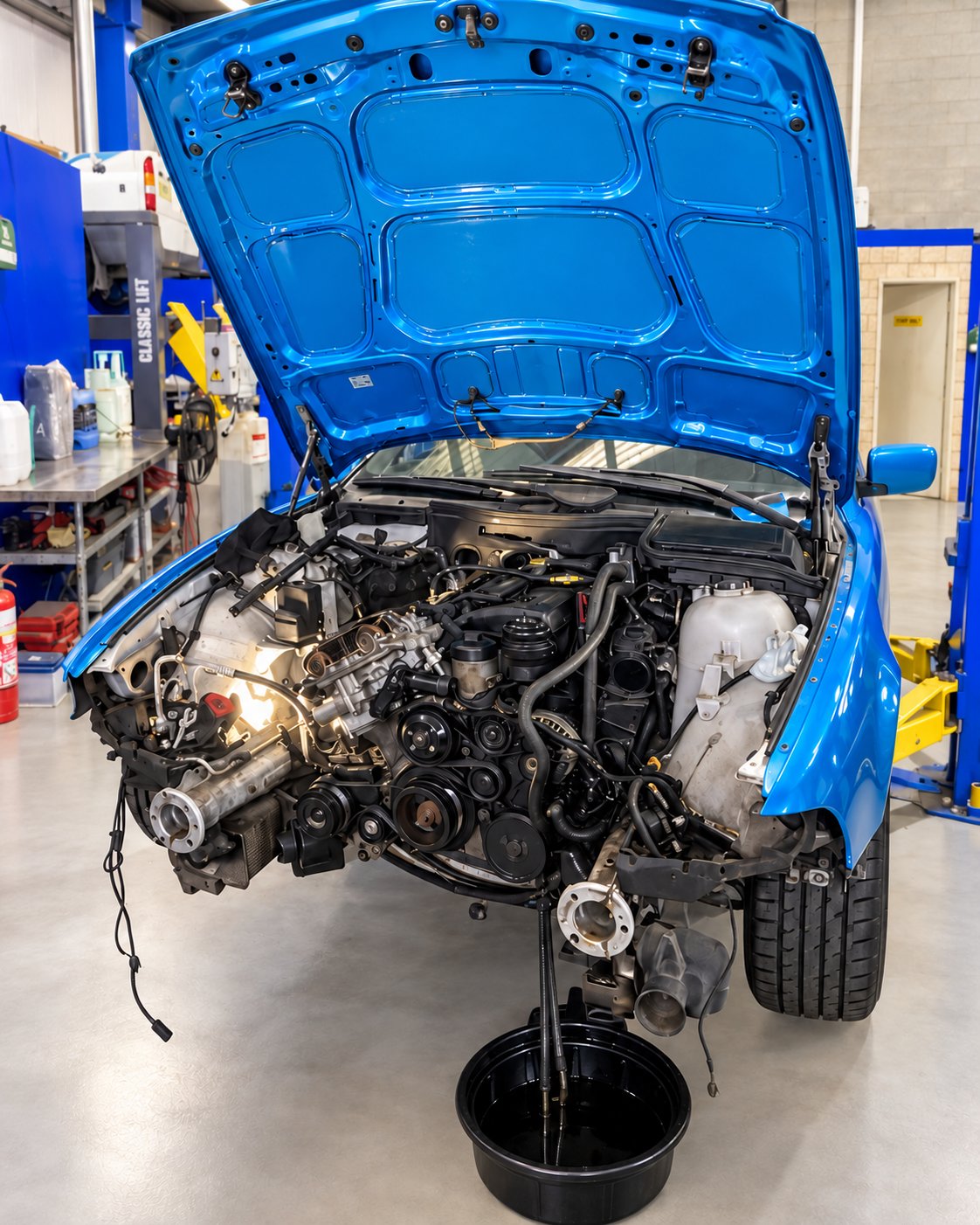 Blue BMW with the front end apart for major engine work