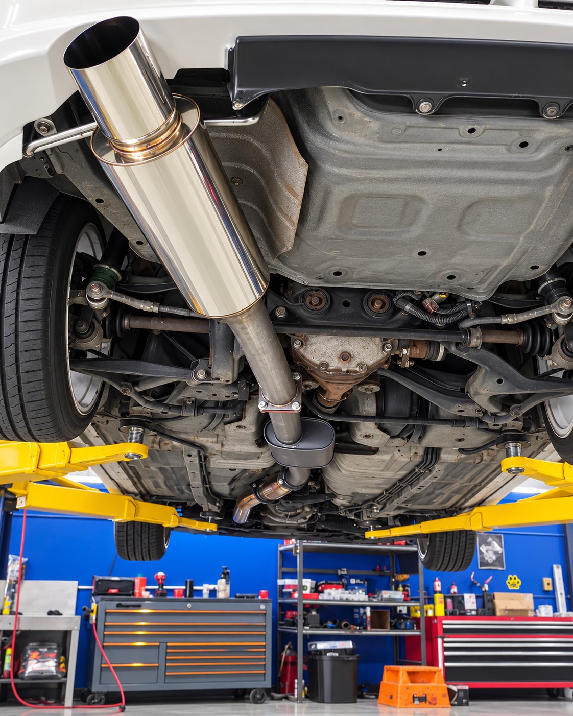 Exhaust system seen from under a car on the hoist