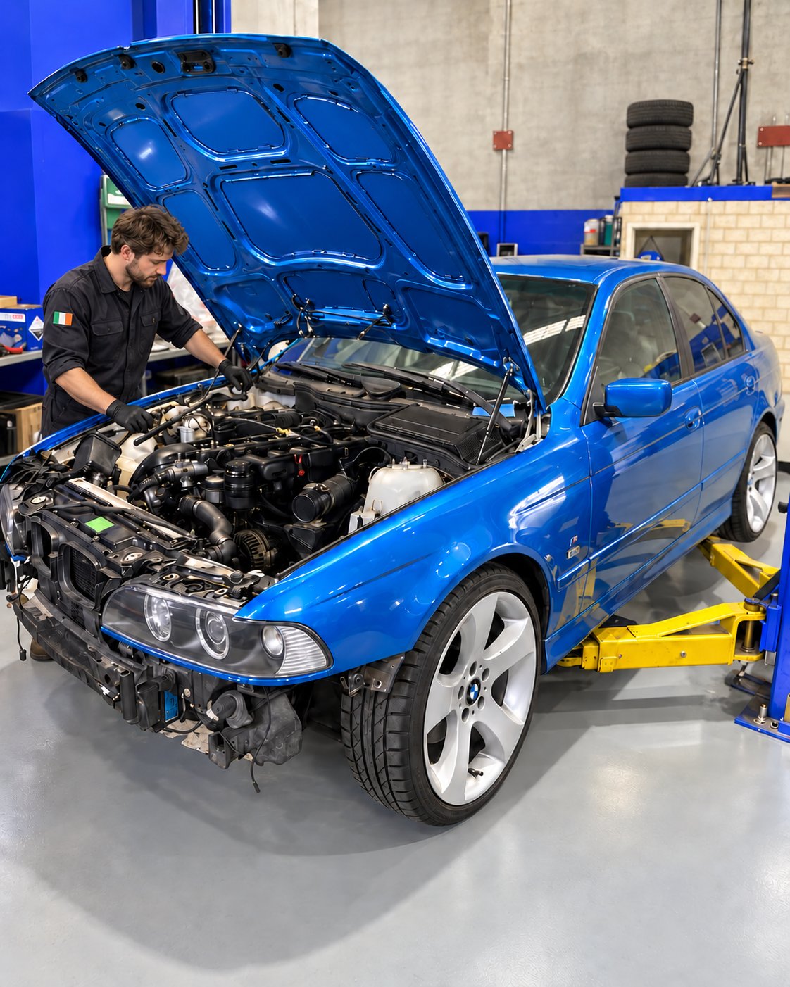 Mechanic working on a blue BMW with the bonnet up