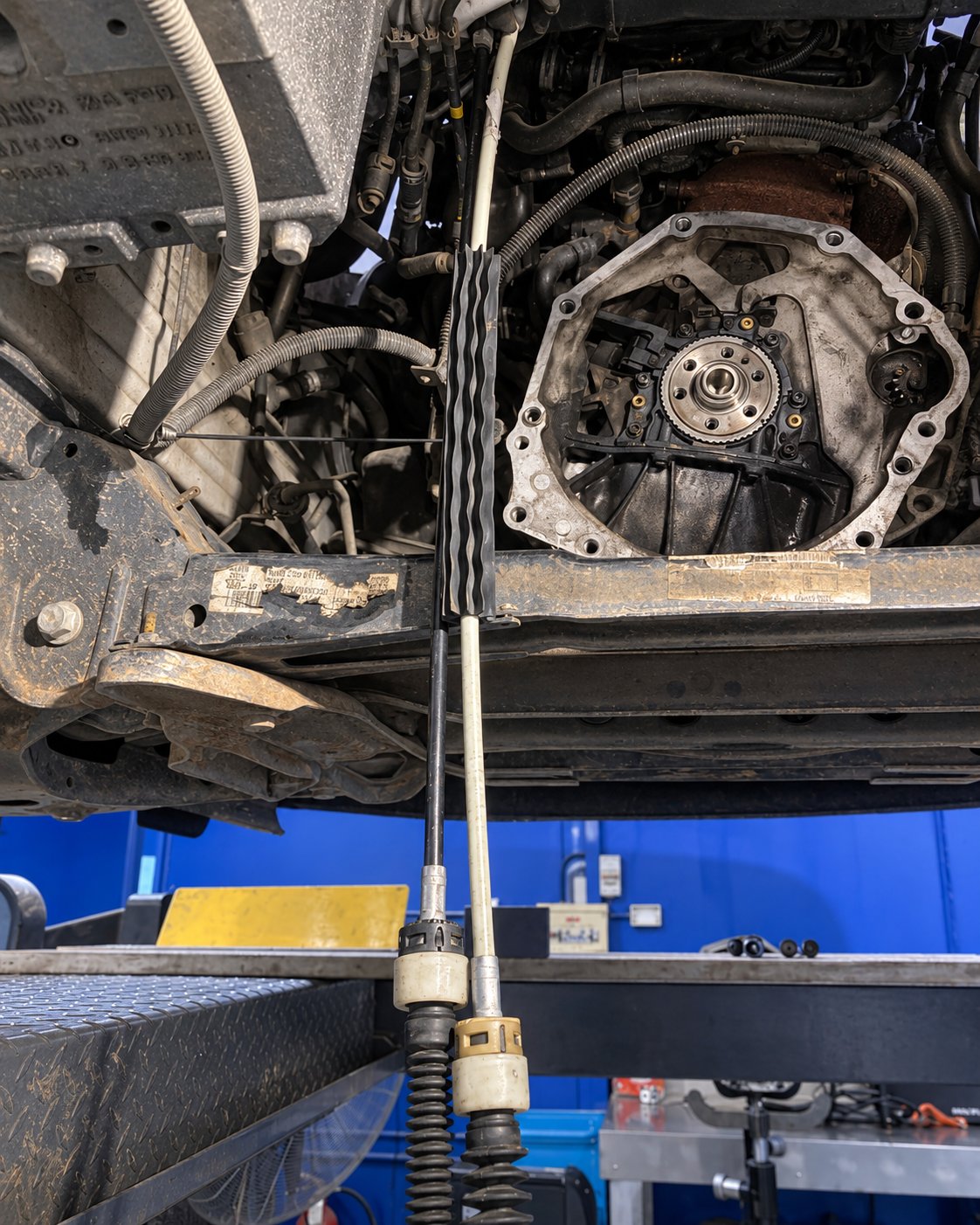 Gearbox removed, looking up at the back of the engine