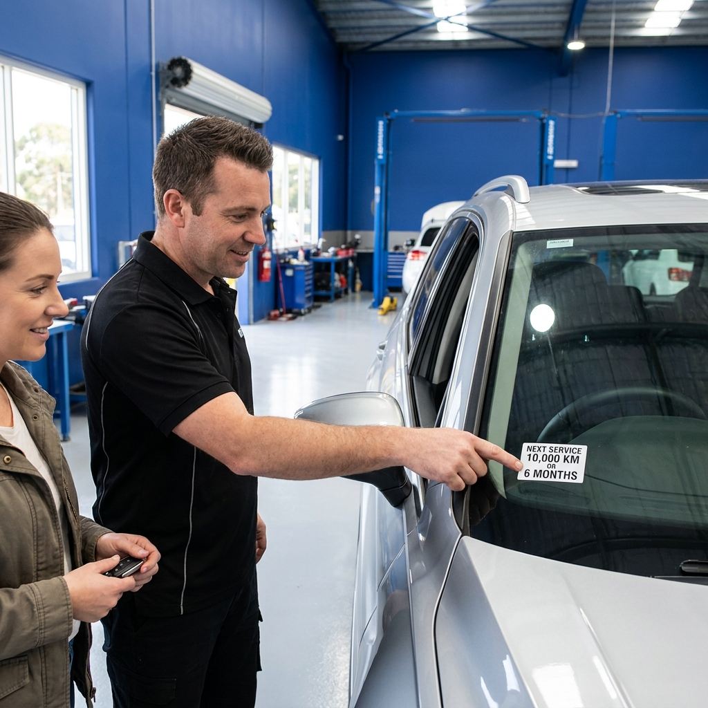 Mechanic pointing out the next service due sticker to a customer